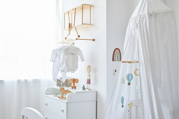 Scandinavian style white interior children's room, bedroom, nursery. Baby cot with ​canopy....
