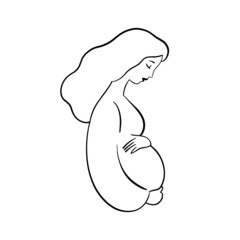 Hand drawn pregnant woman with curly hair, profile portrait with hands on belly. Elegant logo