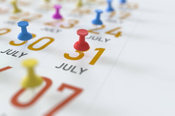 July 31 date and push pin on a calendar, 3D rendering