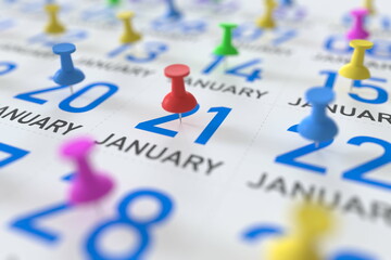 January 21 date and push pin on a calendar, 3D rendering