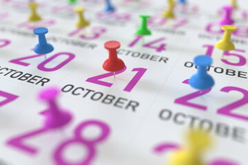 October 21 date and push pin on a calendar, 3D rendering