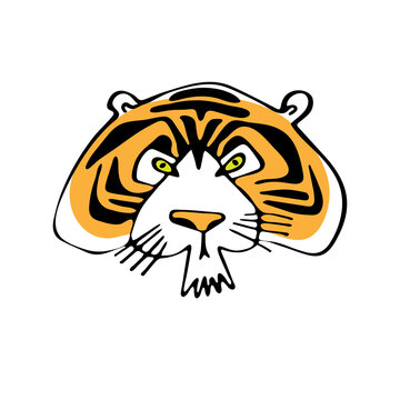 Colored doodle of tiger muzzle sketch in freehand style isolated on white. Symbol of Chinese New Year 2022. Use for sticker, clip art, t-shirt, printing, textiles, greeting card, Christmas poster.