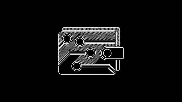 White line Cryptocurrency wallet icon isolated on black background. Wallet and bitcoin sign. Mining concept. Money, payment, cash, pay icon. 4K Video motion graphic animation