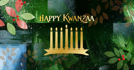 Happy Kwanzaa brush stroke and leaves graphic background