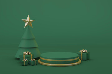 Green christmas podium with isolated background. 3d render
