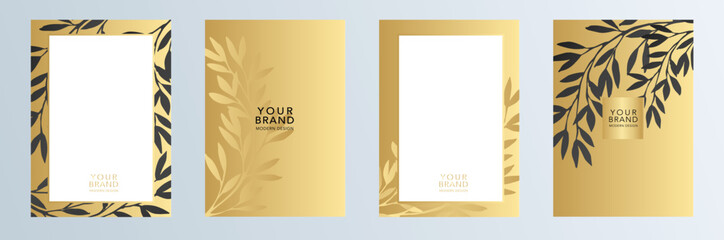 Elegant cover design set with golden leaf abstract tree branch print on background. Holiday black and gold exotic pattern for wedding card, luxury menu,  poster, flyer. Isolated vector illustration.
