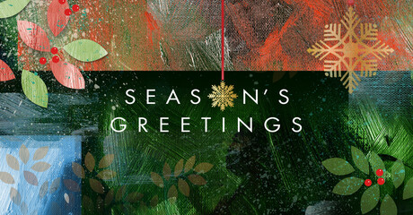 Seasons greetings brush stroke and leaves background © gdarts