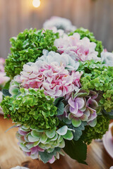 Obraz premium Summer garden background. Bouquet of flowers hydrangeas and cup of tea on table. Good cozy morning. Picnic in nature. Mother's day greeting card. Celebration