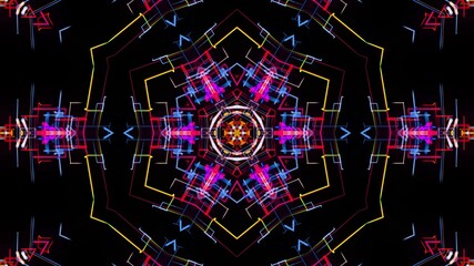 3d render. Abstract laser show. 4k abstract bg with pattern of glow multicolor lines. Pattern like flower, star or mandala of glow curved lines. Kaleidoscopic simmetrical structure with lines