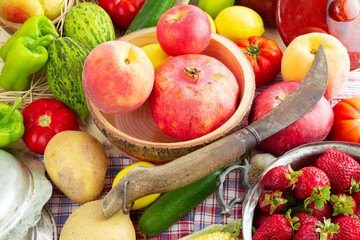 mixed fruits on wooden background