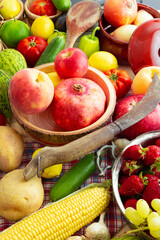 mixed fruits on wooden background