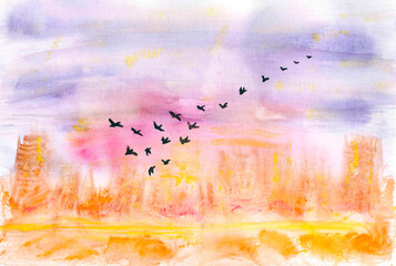 Delicate watercolor illustration in warm autumn colors. Pastel yellow-orange wallpaper for a calm and relaxing mood. Migratory birds are going to fly south against the background of the mauve sunset.
