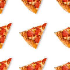 Seamless slice or piece of pizza pattern isolated on white background. Top view on paperoni pizza food background.
