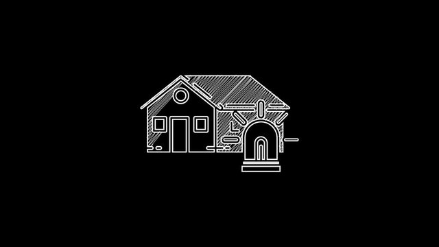 White line Smart house and alarm icon isolated on black background. Security system of smart home. 4K Video motion graphic animation