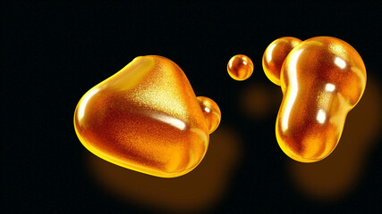 3d rendering. Amasing abstract background of metaballs or glisten bubbles as if glass drops or spheres filled with golden sparkles merge together and scatter around. Creative background