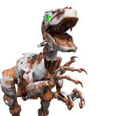 rusty raptor robot in action close up view