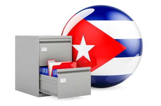 Database in Cuba, concept. Folders in filing cabinet with Cuban flag, 3D rendering