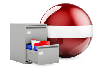 Database in Latvia, concept. Folders in filing cabinet with Latvian flag, 3D rendering