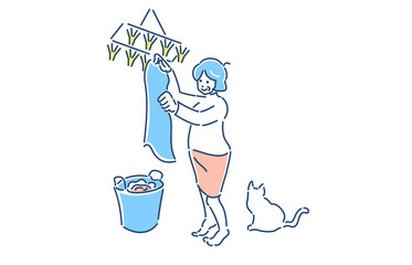 家事をする人物　シニア　女性　洗濯物干し　イラスト