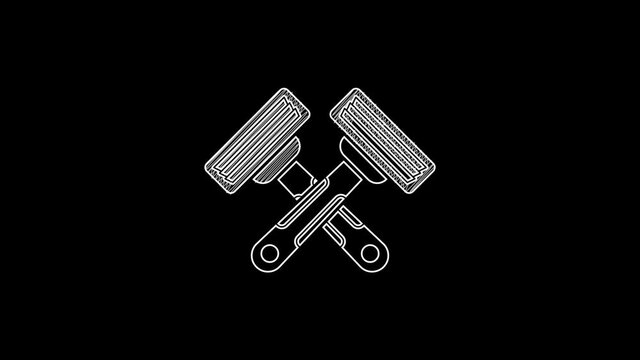 White line Crossed shaving razor icon isolated on black background. 4K Video motion graphic animation