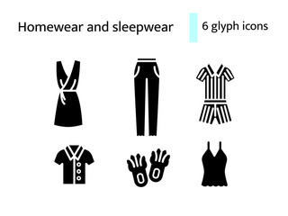 Homewear and sleepwear glyph icons set. Comfortable clothes. Black symbols collection. Isolated vector illustration