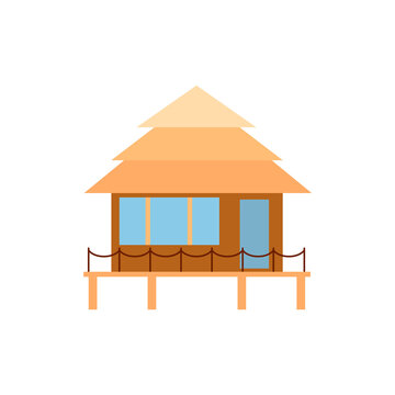 Water house on stilts flat icon. Maldivian attribute. Coral island. Isolated vector stock illustration