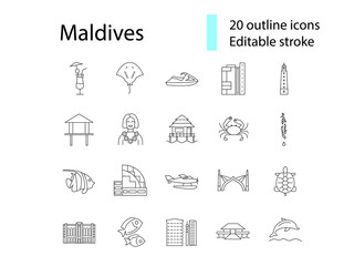 Maldives culture outline icons set. Tourism concept. Tropical resort. Editable stroke. Isolated vector illustration
