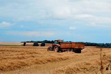 Obraz premium Cutting hay the tractor on field in the summertime against the blue cloudy sky