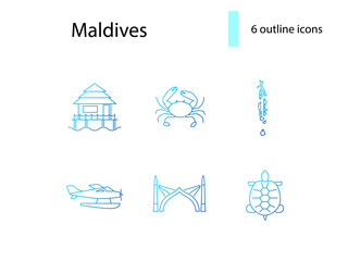 Maldives attributes outline icons set. Crab and turtle. Geography, sea plane. Blue symbol. Isolated vector illustration