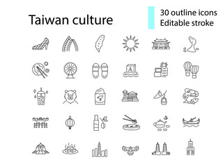 Asian culture outline icons set. Taiwanese attributes. Taiwan features. Editable stroke. Isolated vector illustration