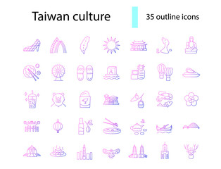 Taiwanese style culture outline icons set. Asian attractions. Purple gradient symbol. Isolated vector stock illustration