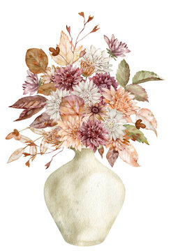 Watercolor Autumn Bouquet In A Ceramic Vase With Fall Leaves And Flowers Isolated On The White Background.