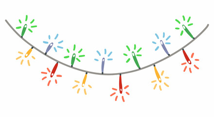 Christmas glowing garland. Colored cartoon doodle of string lights. Hand drawn vector illustration. Single drawing isolated on white. Element for holidays design, print, sticker, card, decor, wrap.