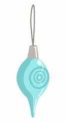 Cartoon doodle of Christmas tree decoration on ribbon. Hand drawn vector illustration. Single drawing isolated on white background. Element for winter holidays design, print, sticker, card, decor.