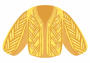 Warm knitted cardigan, sweater, winter clothes. Colored cartoon doodle. Hand drawn vector illustration. Single drawing isolated on white. Element for Christmas design, print, sticker, card, decoration