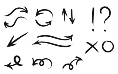 Hand-drawn doodles of arrows, exclamation mark, question mark, cross and zero