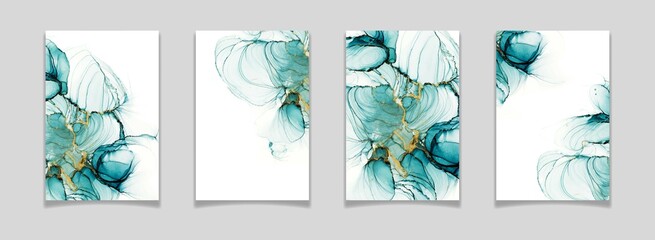 Fototapeta Pastel cyan mint liquid marble watercolor background with gold lines and brush stains. Teal turquoise marbled alcohol ink drawing effect. Vector illustration backdrop, watercolour wedding invitation obraz