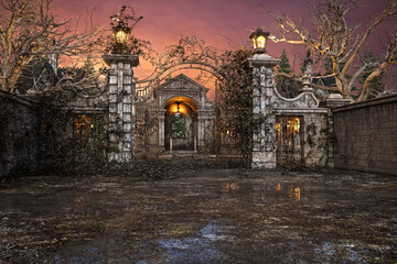 3D rendering of a creepy old overgrown cemetery with a mausoleum behind the open iron gates. - obrazy, fototapety, plakaty