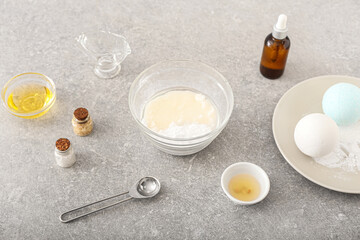 Natural ingredients for homemade cosmetics on light background