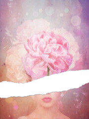 Torn composite image of a lady with peonies and bokeh