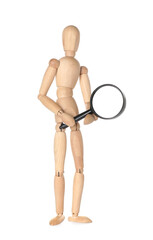 Wooden mannequin with magnifying glass on white background