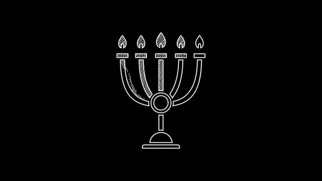 White line Hanukkah menorah icon isolated on black background. Hanukkah traditional symbol. Holiday religion, jewish festival of Lights. 4K Video motion graphic animation