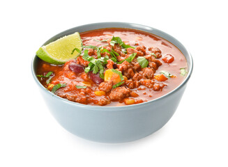 Bowl of delicious chili con carne on white background