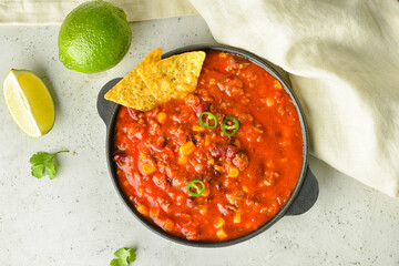 Frying pan with delicious chili con carne, nachos and lime on light background