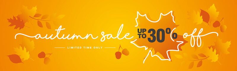 Autumn Sale up to 30 % off handwritten typography lettering line design autumn color leafs orange greeting card