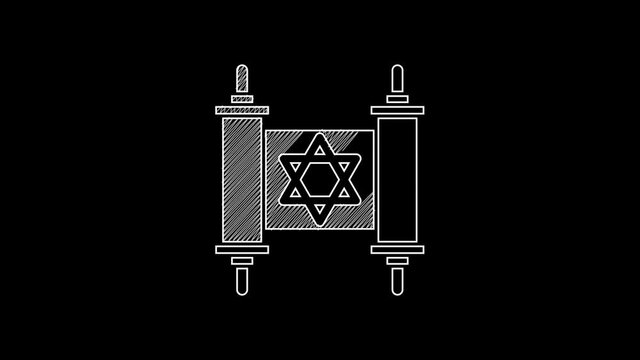 White line Torah scroll icon isolated on black background. Jewish Torah in expanded form. Star of David symbol. Old parchment scroll. 4K Video motion graphic animation