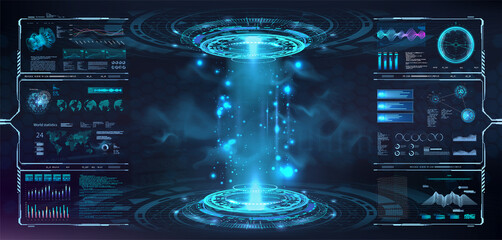 Futuristic circle portal, hologram, teleport with HUD interface in 3D lab stage for presentation, GUI, UI, Games. Cyberpunk stage, podium with HUD. Magic portal, hologram, projector mockup. Vector