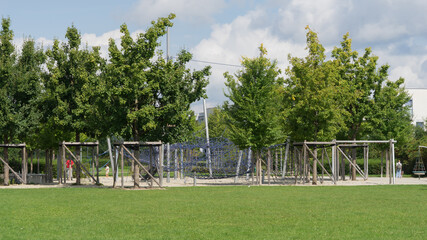 Playground in a green park landcape, in times of Covid19 pandemic