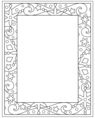 Winter rectangular vertical frame with snowflakes and stars - vector linear picture for coloring. Outline. Frosty patterns - frame with copy space