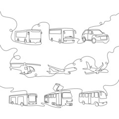 Transport continuous line drawing set. One line art of truck, dump truck, cab, auto, crossover, bus, tram, plane, helicopter.